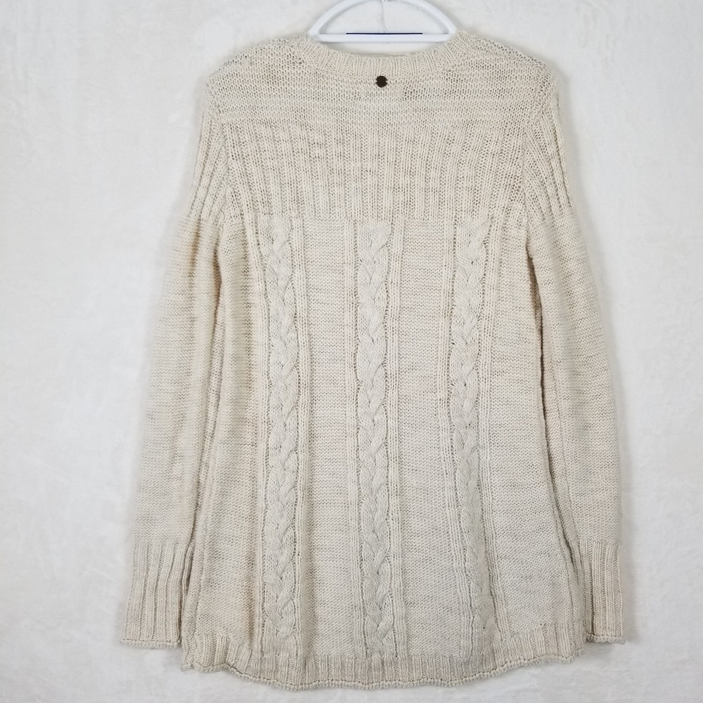 Prana Womens Cream Cable Knit Wool Blend Crew Neck Sweater Size Medium Oatmeal - Picture 2 of 7